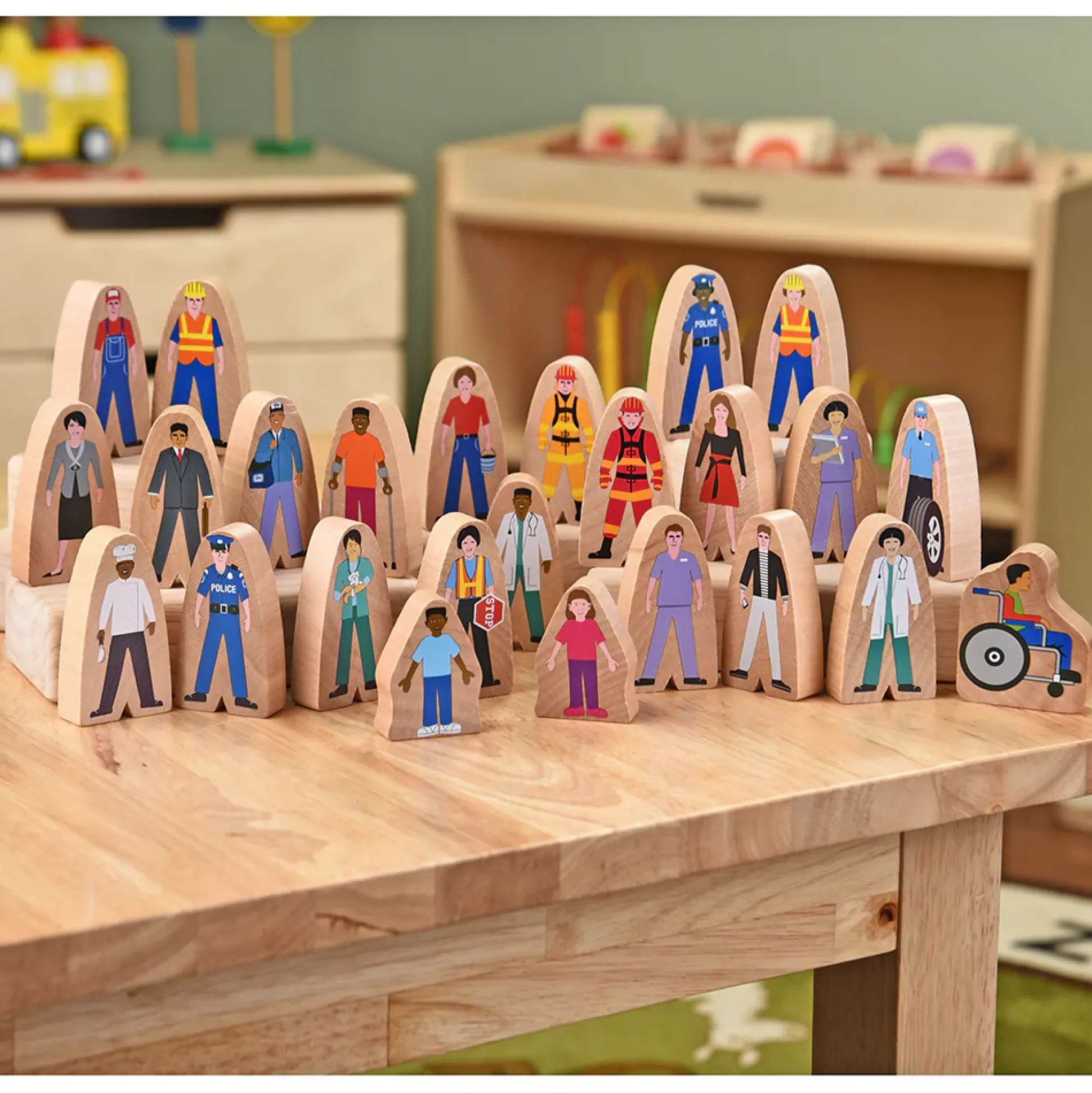 25-Piece Wooden Community Helpers Figures Set | Diverse Block Play People for Preschool Learning