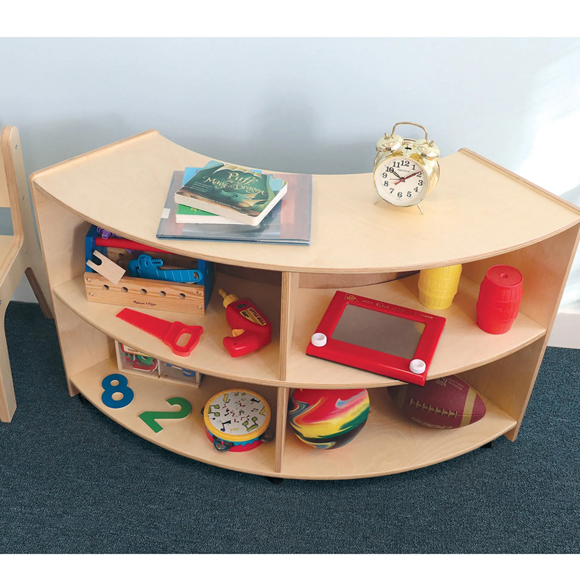 Quarter Circle Birch Classroom Storage Unit with Outer Shelves & Casters | 24" High Curved Organizer