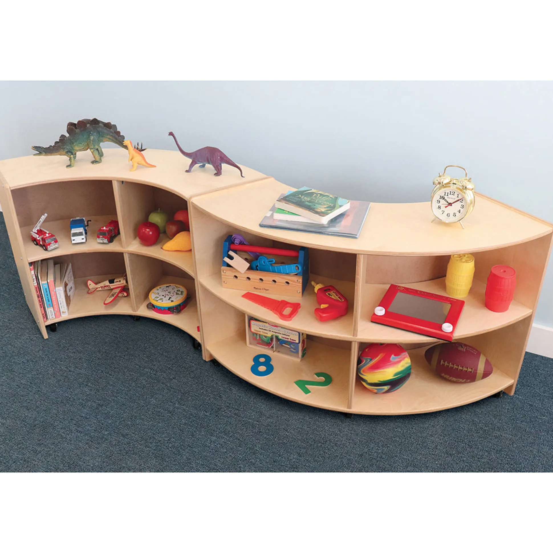 Quarter Circle Birch Classroom Storage Unit with Outer Shelves & Casters | 24" High Curved Organizer