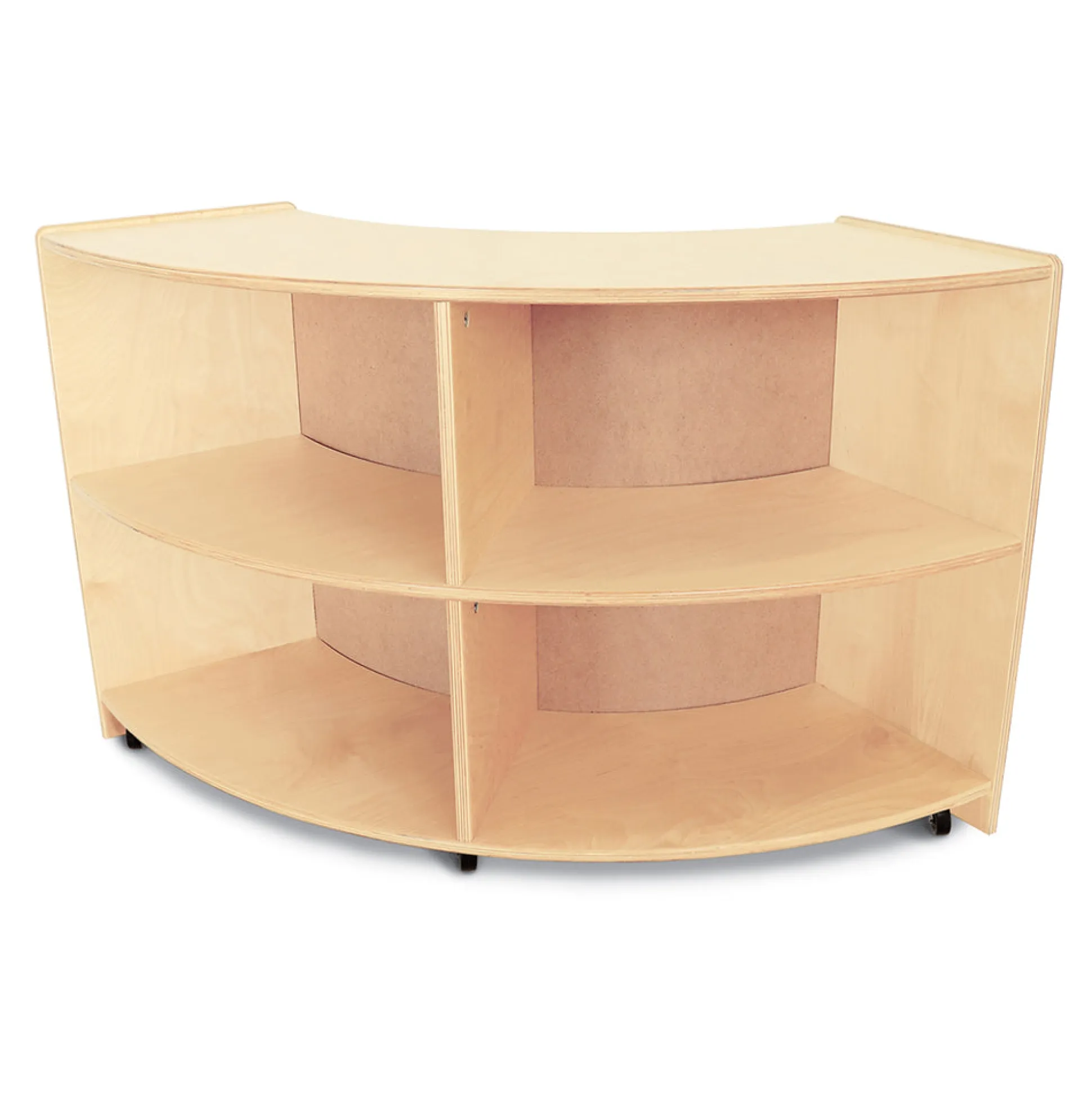 Quarter Circle Birch Classroom Storage Unit with Outer Shelves & Casters | 24" High Curved Organizer