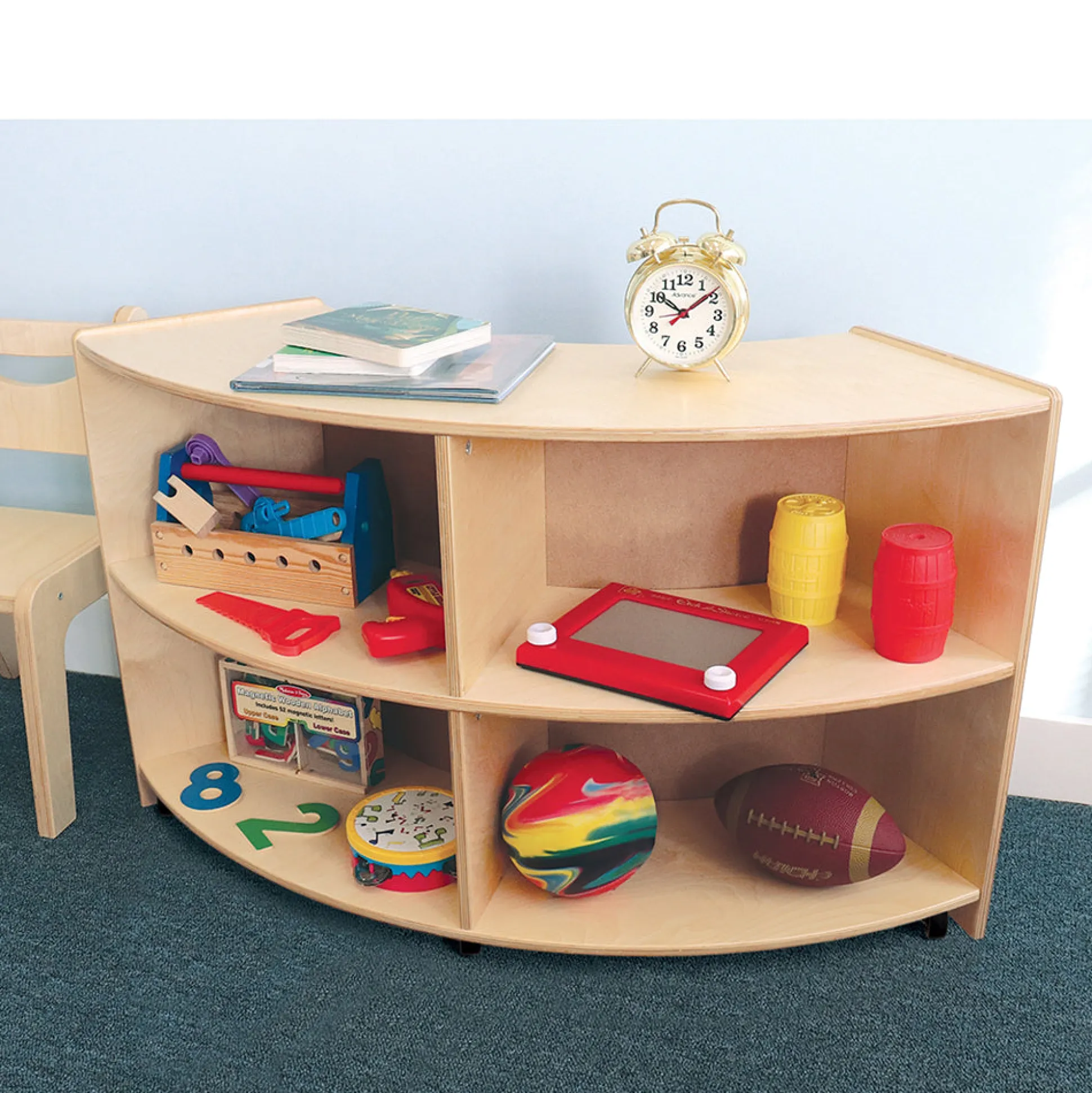 Quarter Circle Birch Classroom Storage Unit with Outer Shelves & Casters | 24" High Curved Organizer
