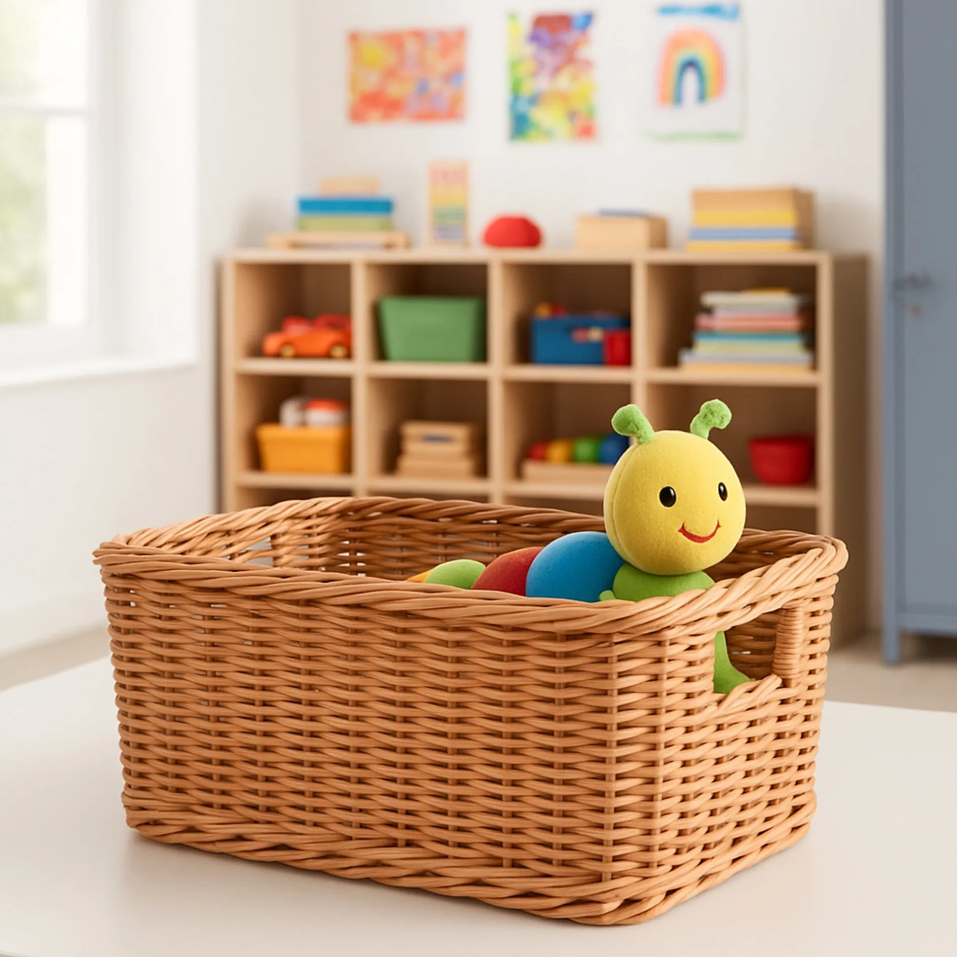 Rectangle Plastic Woven Basket/w Handles