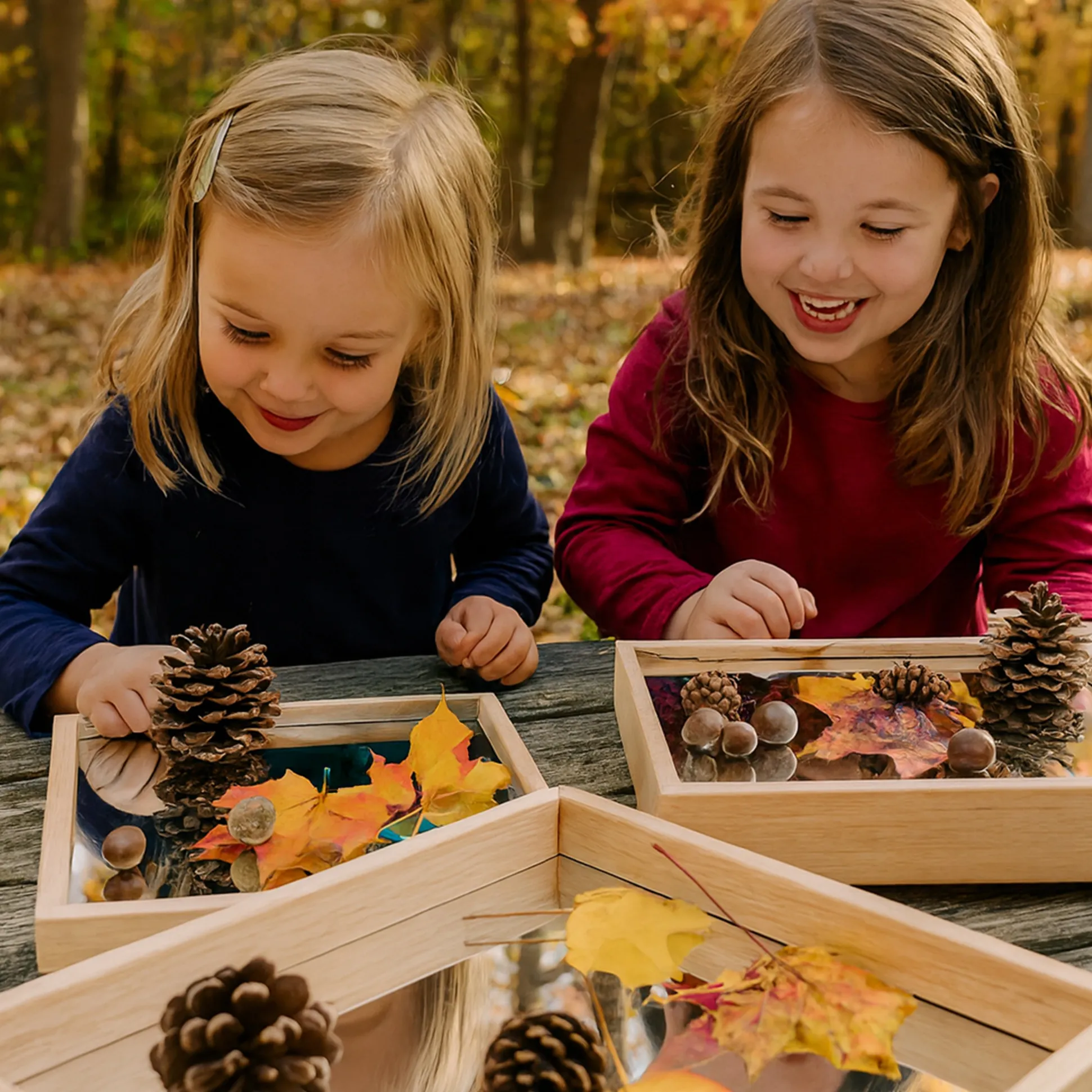 Reflective Observation Trays | Set of 3 Double-Sided Mirrored Wooden Trays for Exploring Light, Shadows & Structures