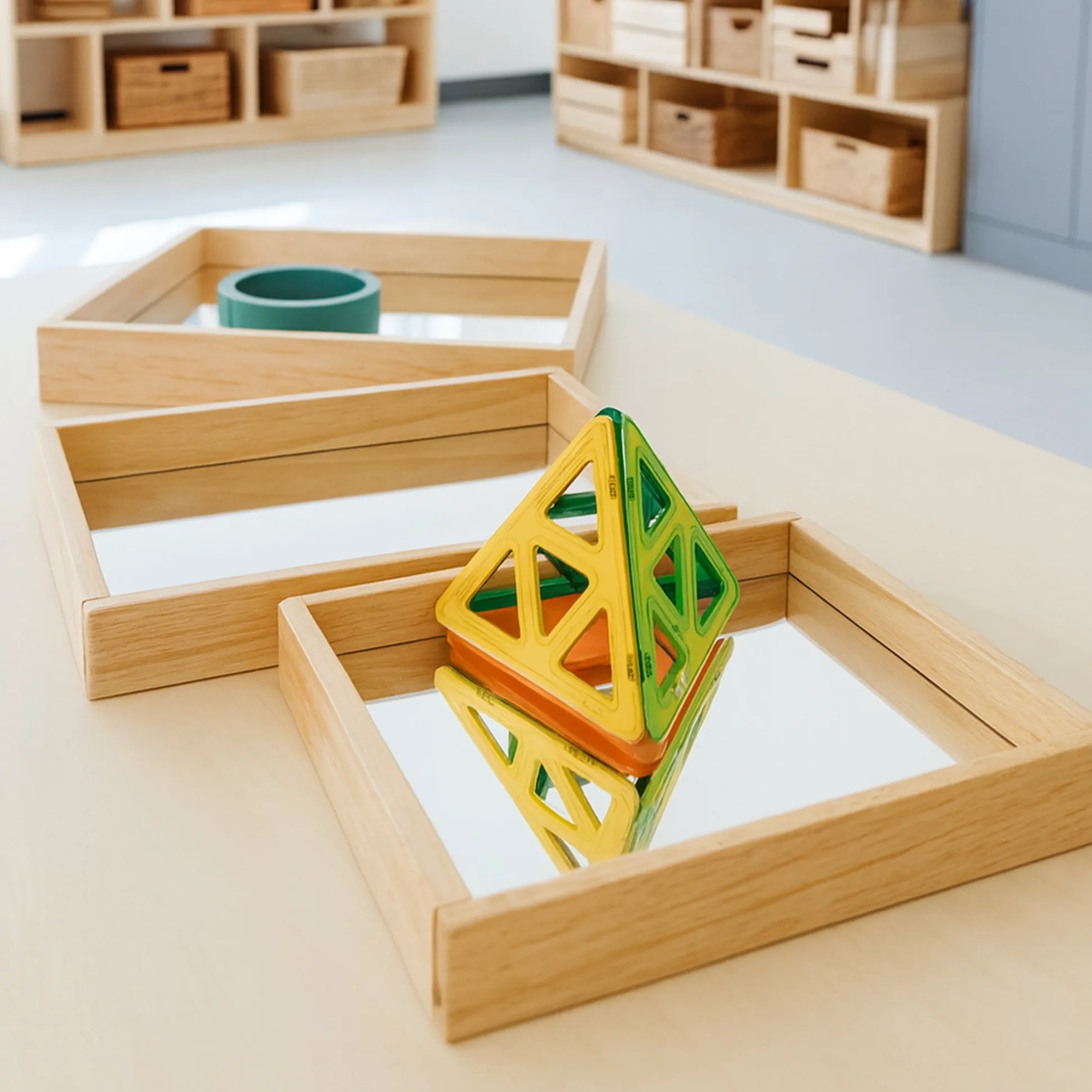 Reflective Observation Trays | Set of 3 Double-Sided Mirrored Wooden Trays for Exploring Light, Shadows & Structures