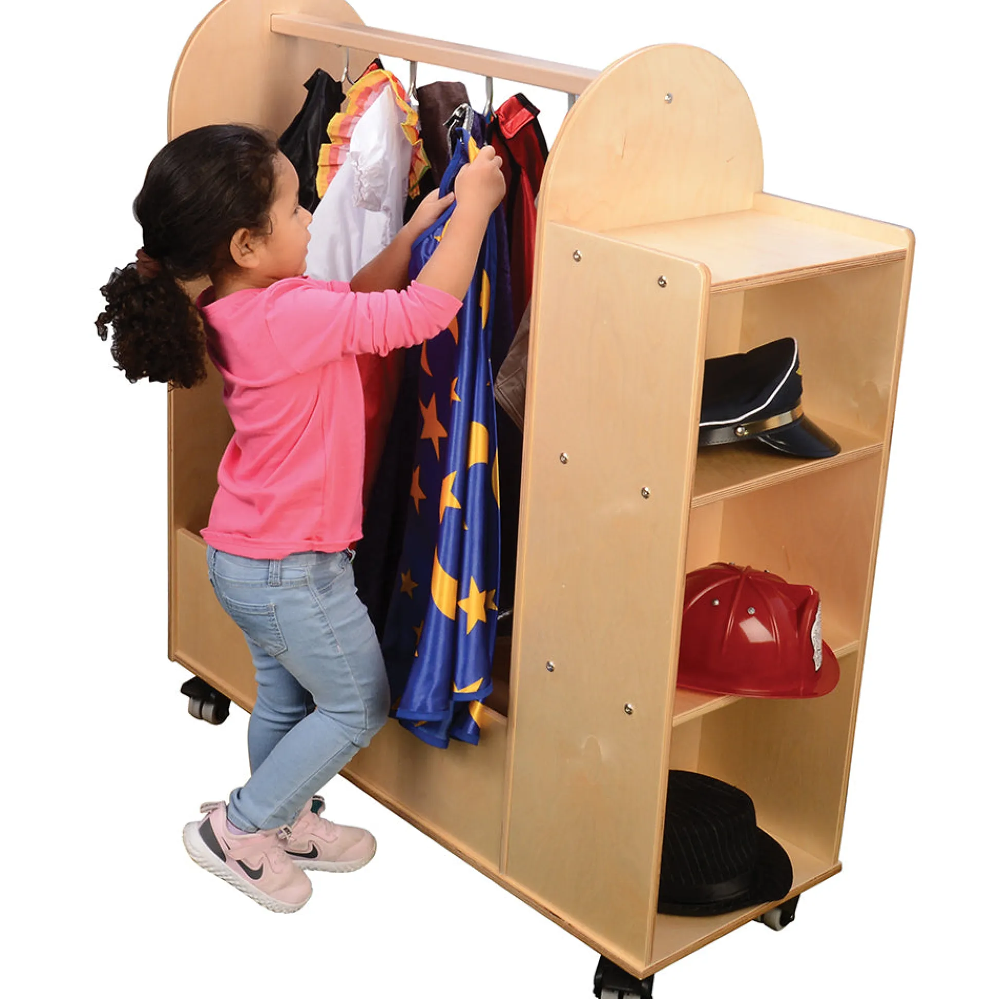 Rolling Dress Up Unit Storage Cart with Mirror and Hooks | For Kids' Clothes & Accessories