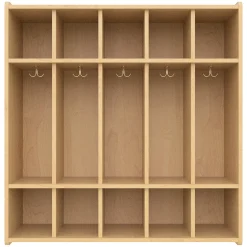 5-Section Preschool Locker with Cubbies, Coat Hooks & Shoe Storage | Maple Finish