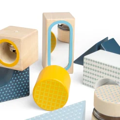 Sensory Explorer Wooden Blocks Set | 14 Piece Building Blocks with Mirror, Kaleidoscope Lens & Rattle in Storage Tray