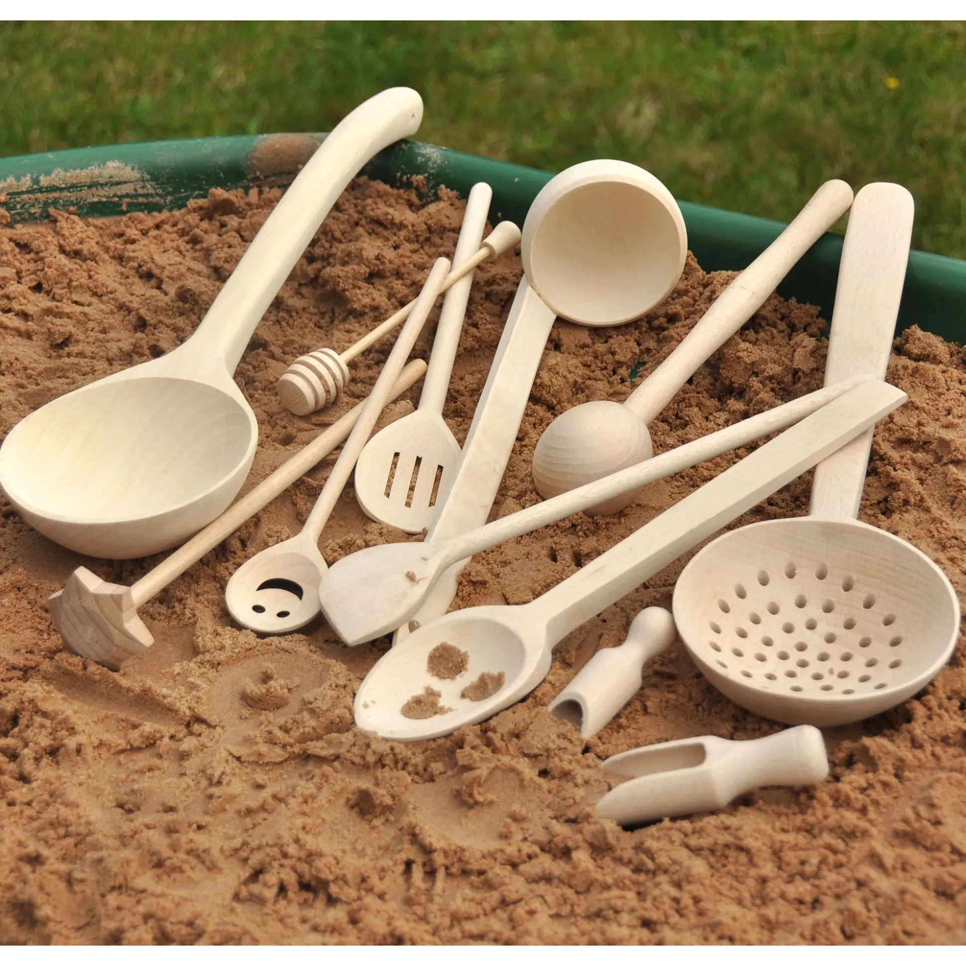 Sift Scoopers & Skimmers | 12-Piece Set of Wooden Sensory Exploration Tools for Sand, Water & Mud Play