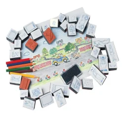 Stamp-A-Story Creative Rubber Stamp Set | 33 Stamps, Ink Pad & Colored Pencils