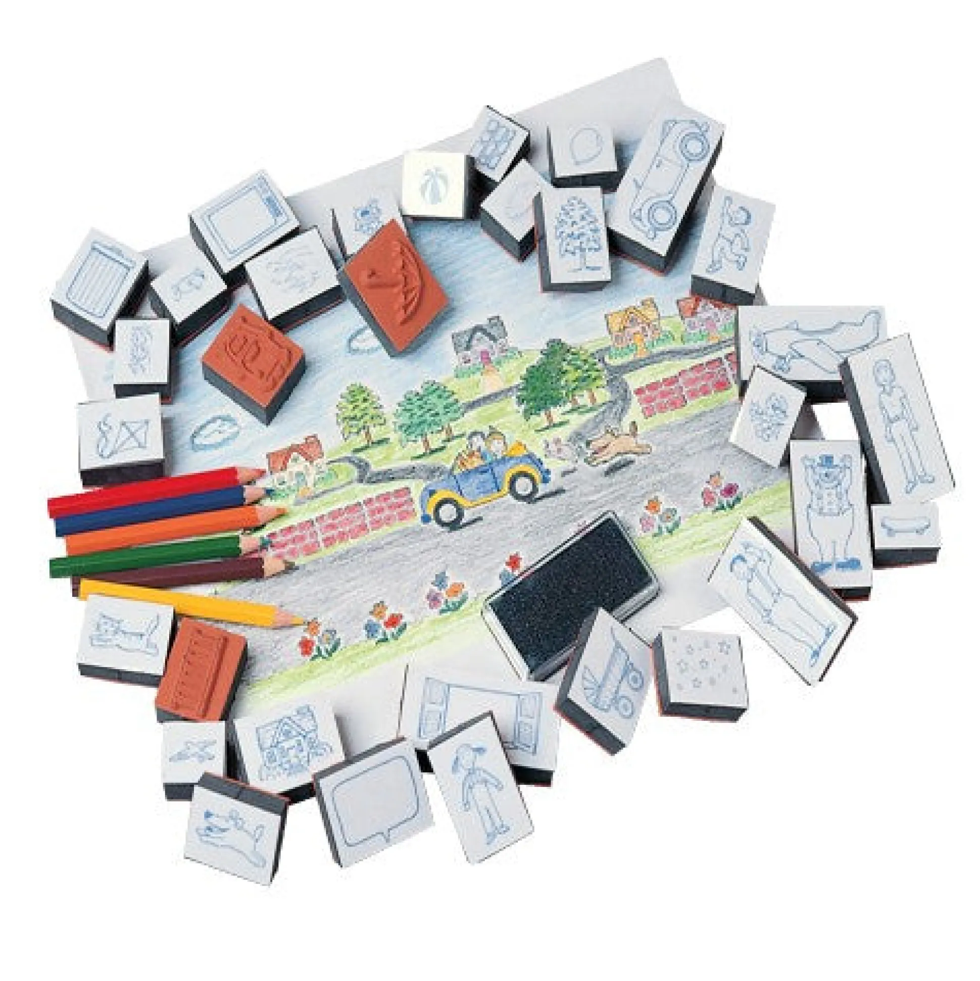 Stamp-A-Story Creative Rubber Stamp Set | 33 Stamps, Ink Pad & Colored Pencils