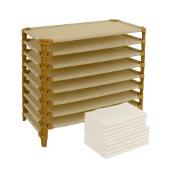 Standard Stackable Cot and Sheet Set Bundle – 8 Cots + 12 Sheets