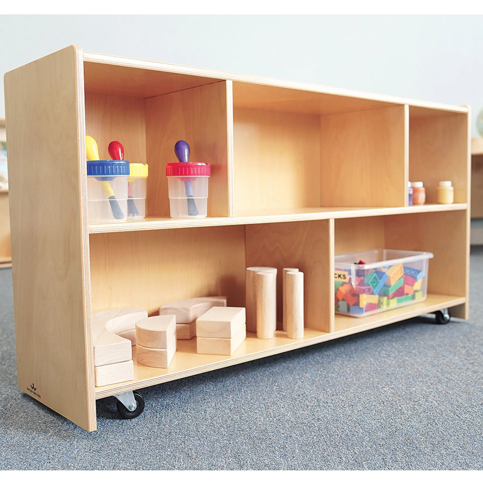 Straight Birch Sectional Storage Unit with 5 Compartments & Casters | 24" High Classroom Organizer