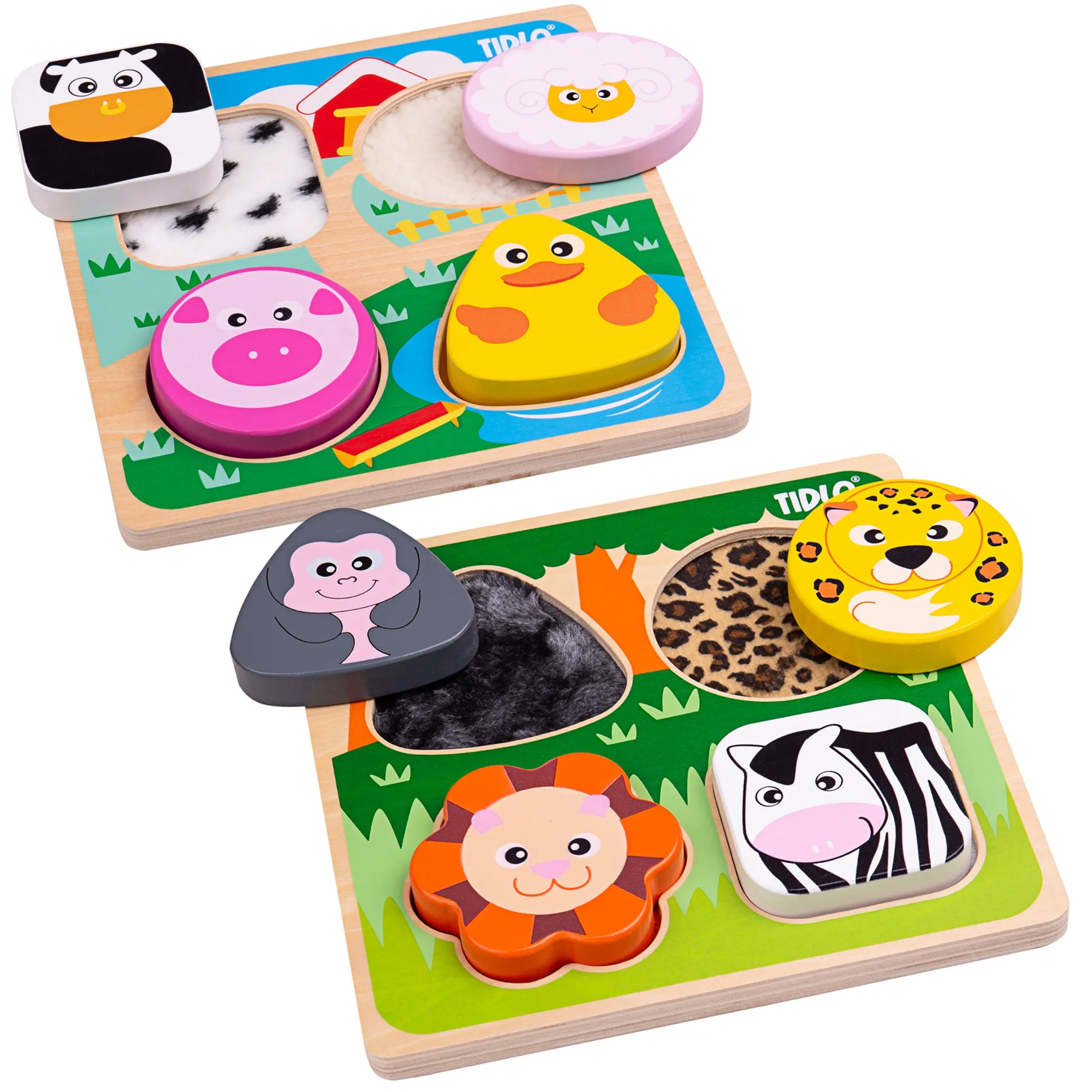 Touch and Feel Puzzle Set | Wooden Sensory Farm & Safari Animal Puzzles with Textured Pieces