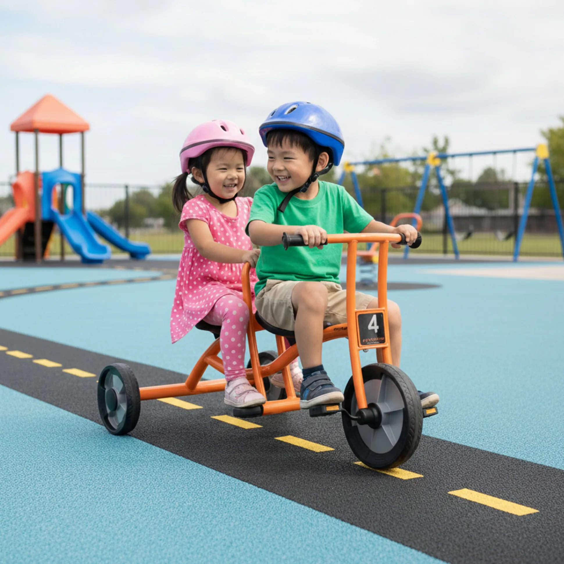 Trike-For-Two Dual Seat Playground Tricycle | Cooperative Ride-On Trike