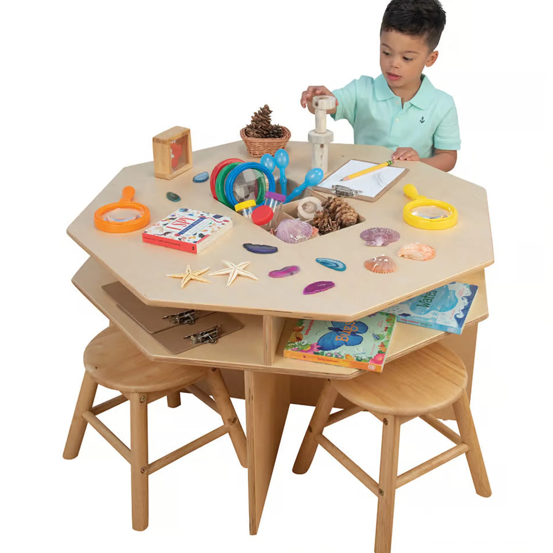 Wooden Discovery Table with 4 Classroom Stools | Hands on Science Center