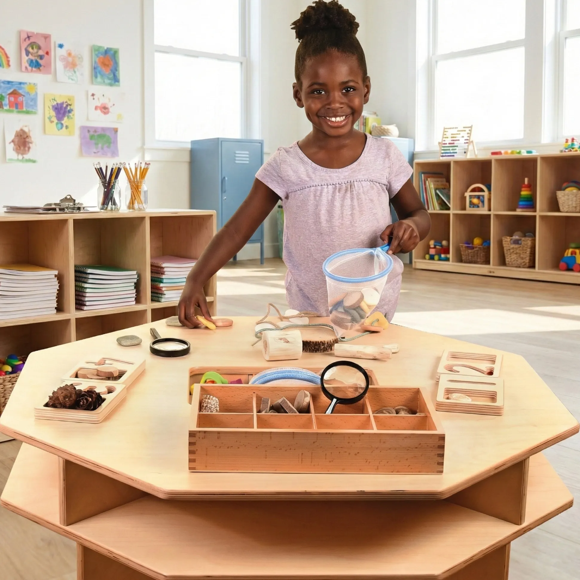 Wooden Discovery Table with 4 Classroom Stools | Hands on Science Center