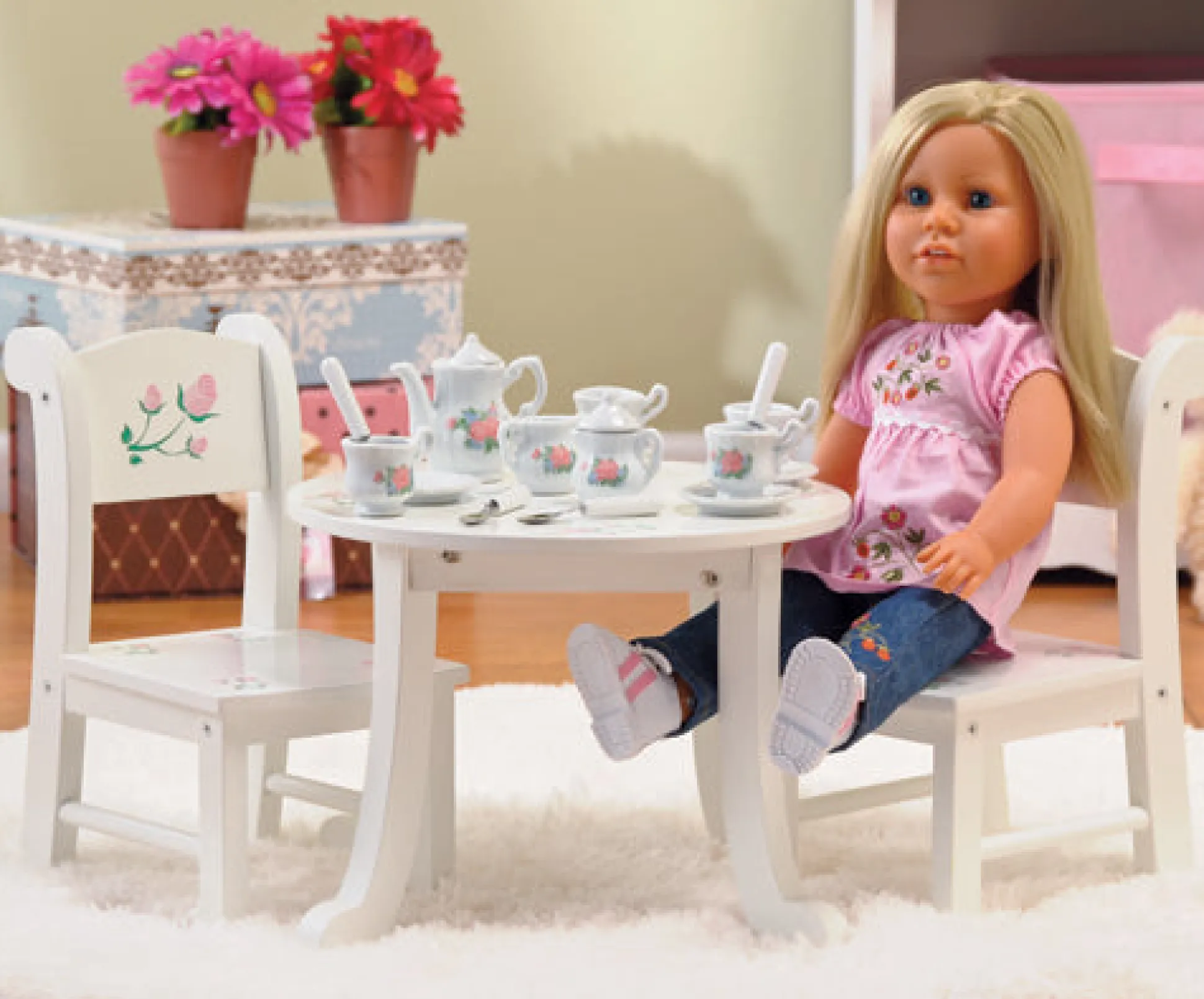 Wooden Doll Table & Chair Set with Floral Design | Ideal for 18" Doll Tea Parties