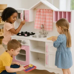 Wooden Play Kitchen with Burners, Sink & Curtains