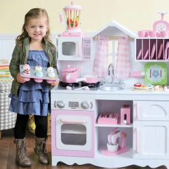 Wooden Play Kitchen with Burners, Sink & Curtains