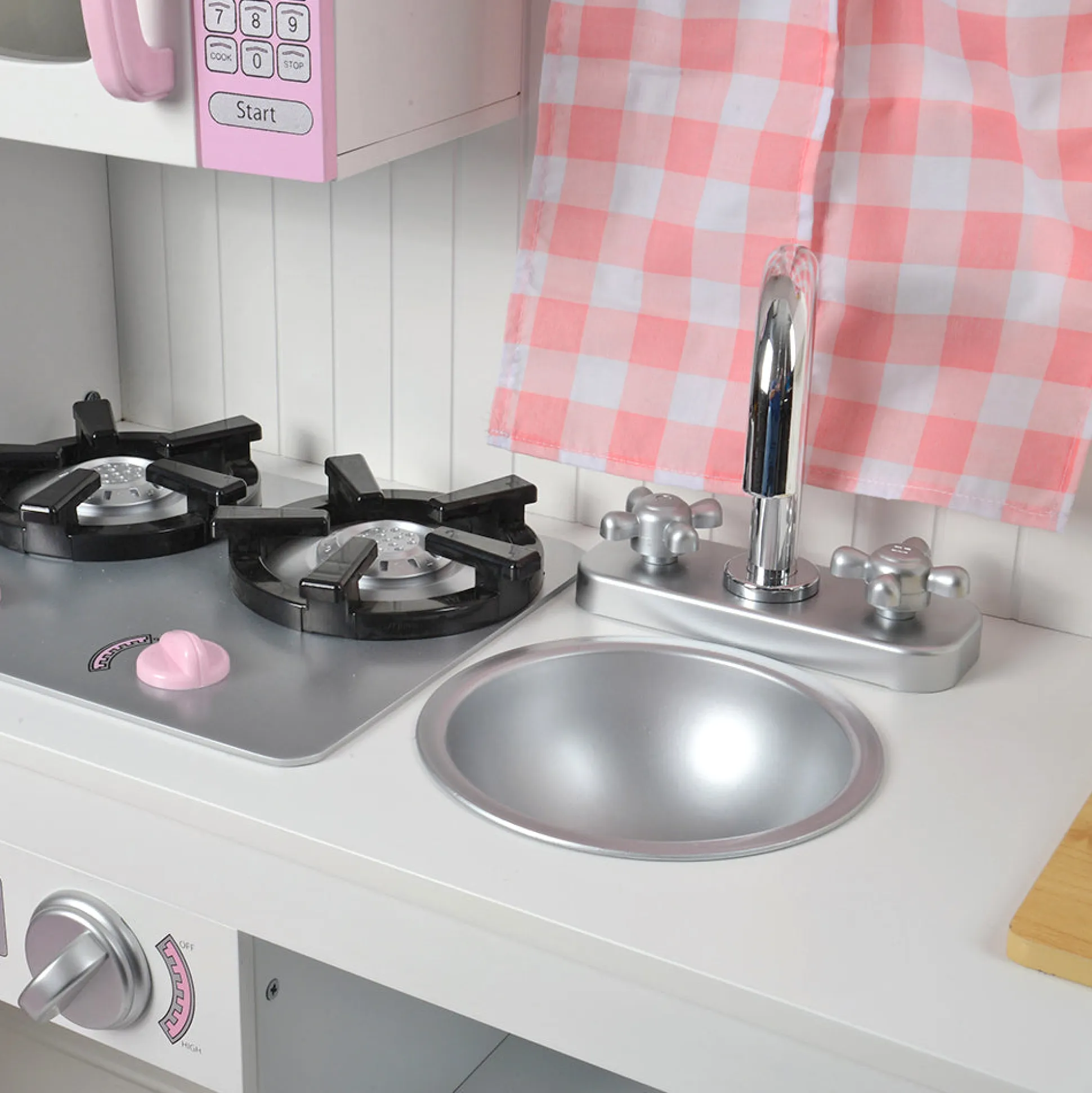 Wooden Play Kitchen with Burners, Sink & Curtains
