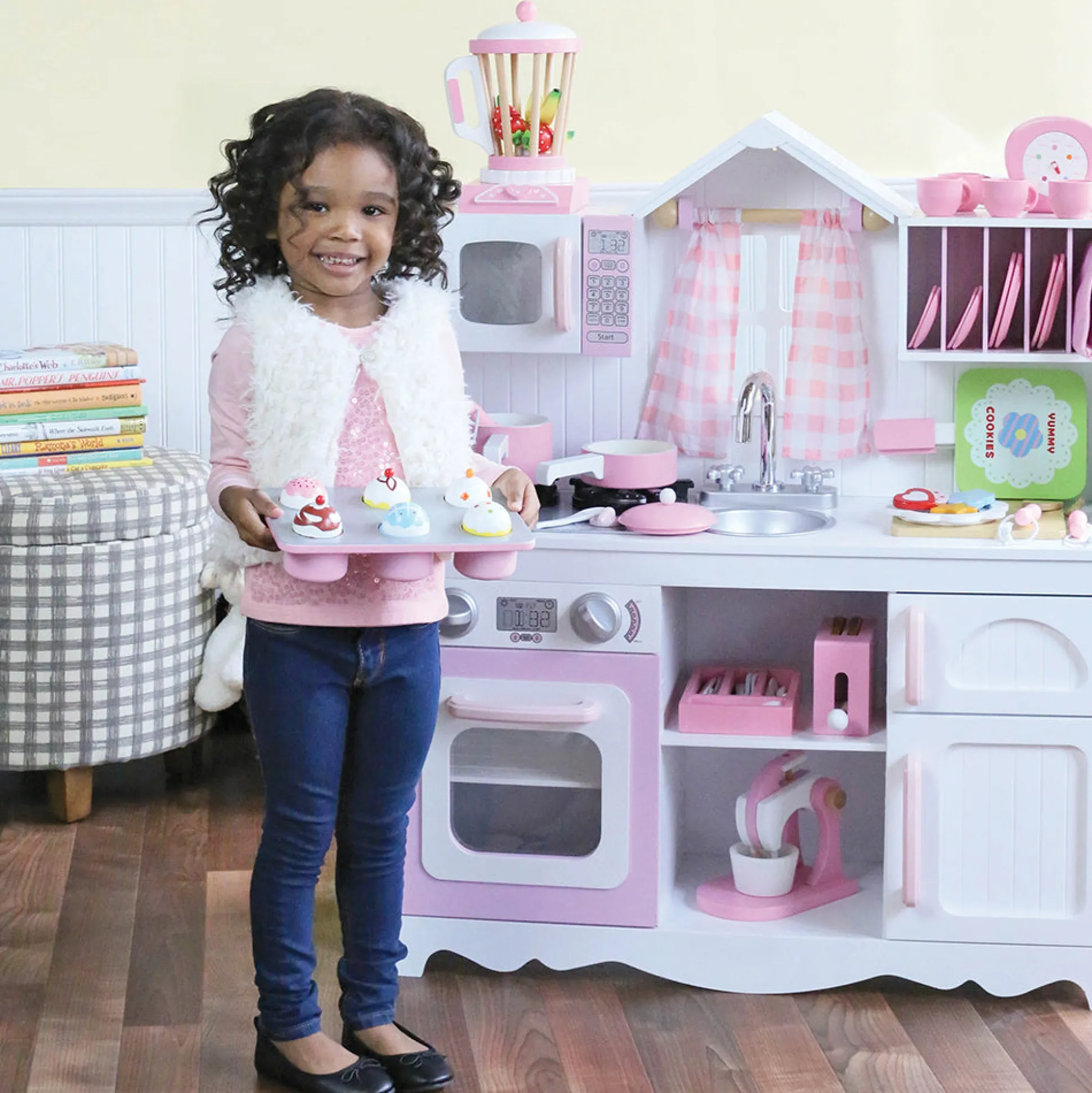 Wooden Play Kitchen with Burners, Sink & Curtains
