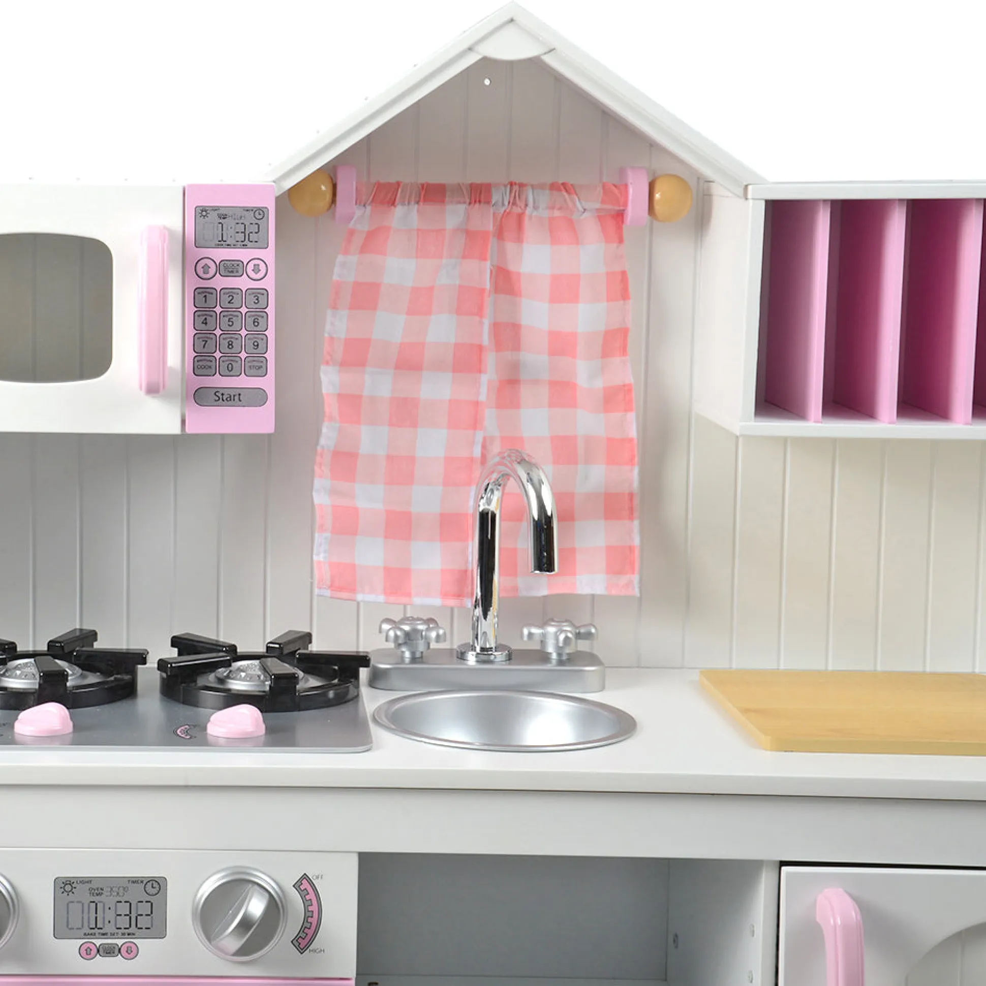 Wooden Play Kitchen with Burners, Sink & Curtains