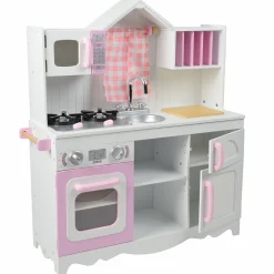 Wooden Play Kitchen with Burners, Sink & Curtains