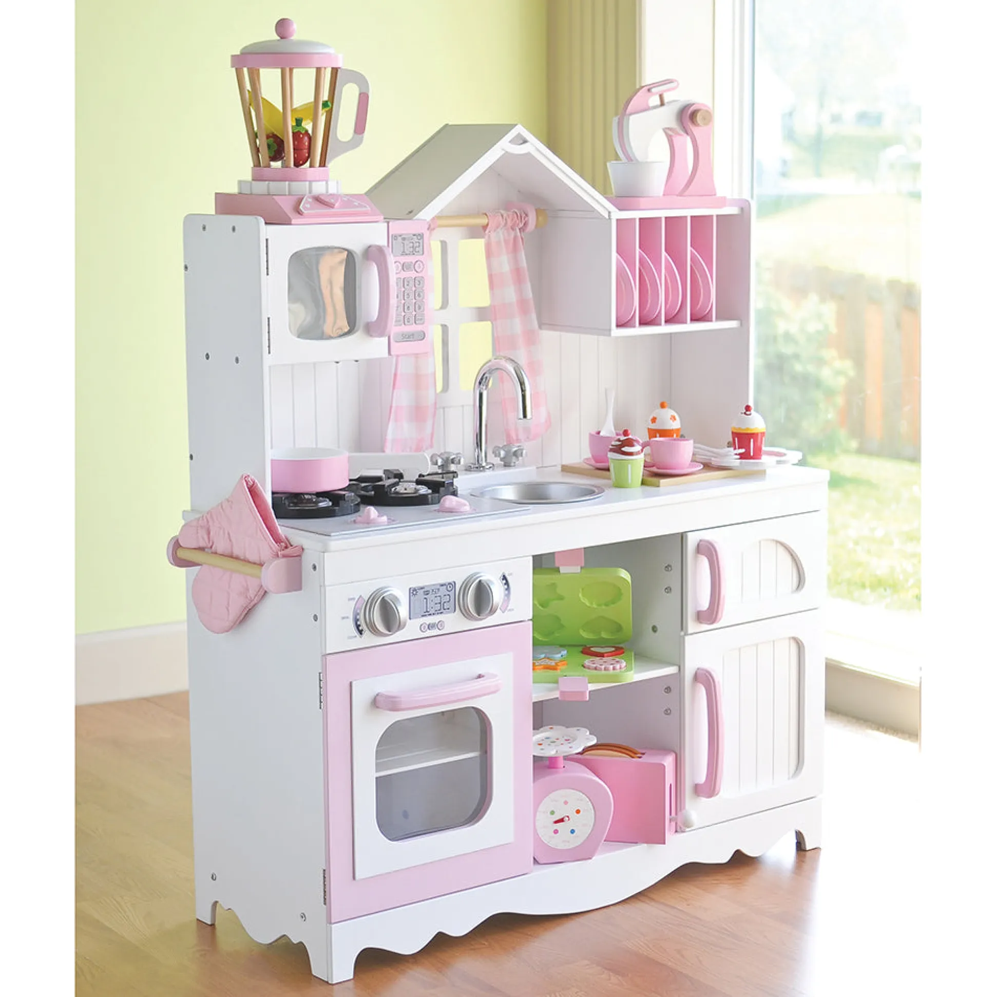 Wooden Play Kitchen with Burners, Sink & Curtains