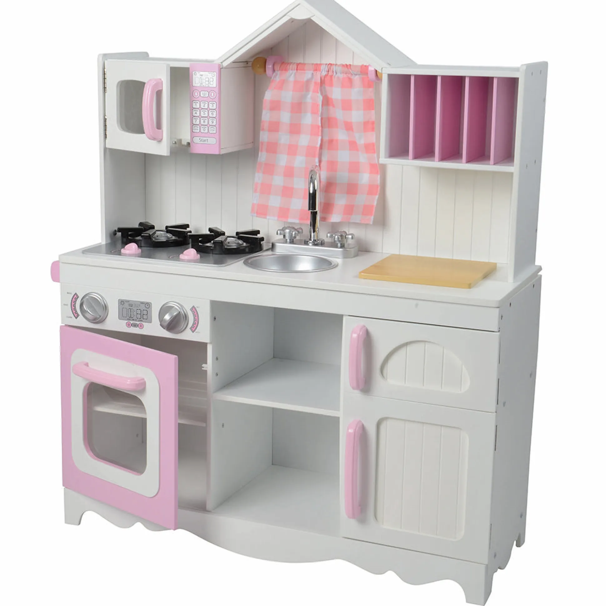 Wooden Play Kitchen with Burners, Sink & Curtains