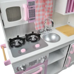 Wooden Play Kitchen with Burners, Sink & Curtains
