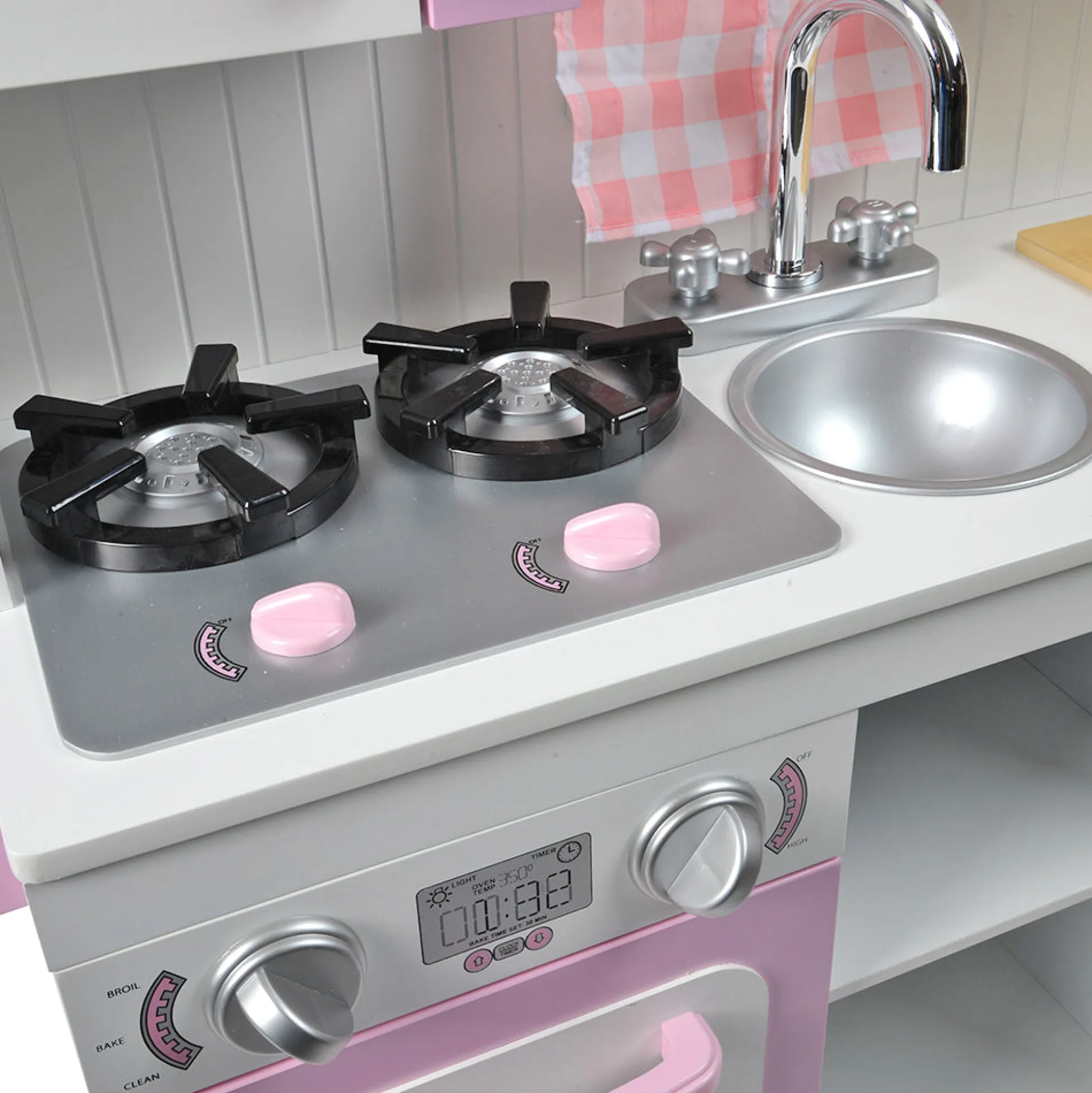 Wooden Play Kitchen with Burners, Sink & Curtains