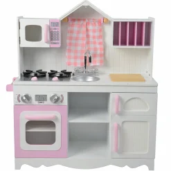 Wooden Play Kitchen with Burners, Sink & Curtains