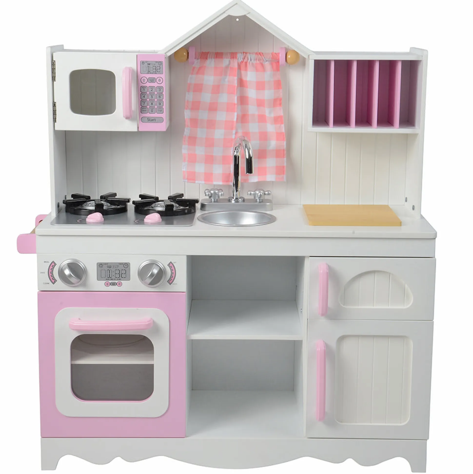 Wooden Play Kitchen with Burners, Sink & Curtains