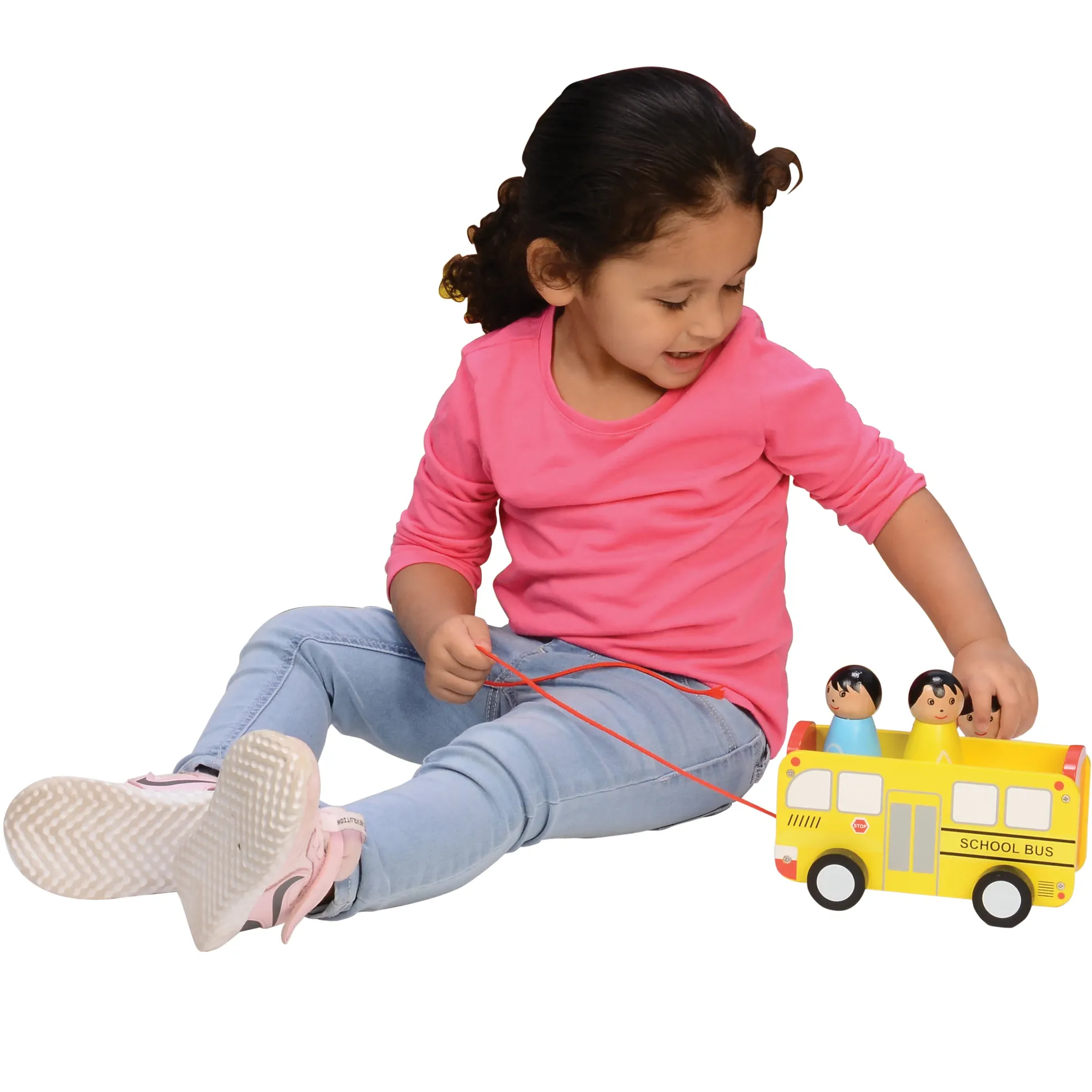 Wooden Pull Along School Bus Toy with Shape Matching Riders