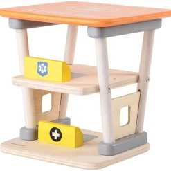 Wooden Rescue Center with Three Figures, Helicopter, Ambulance and Fire Truck