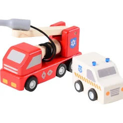 Wooden Rescue Center with Three Figures, Helicopter, Ambulance and Fire Truck