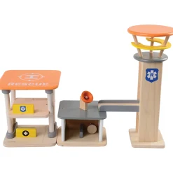 Wooden Rescue Center with Three Figures, Helicopter, Ambulance and Fire Truck