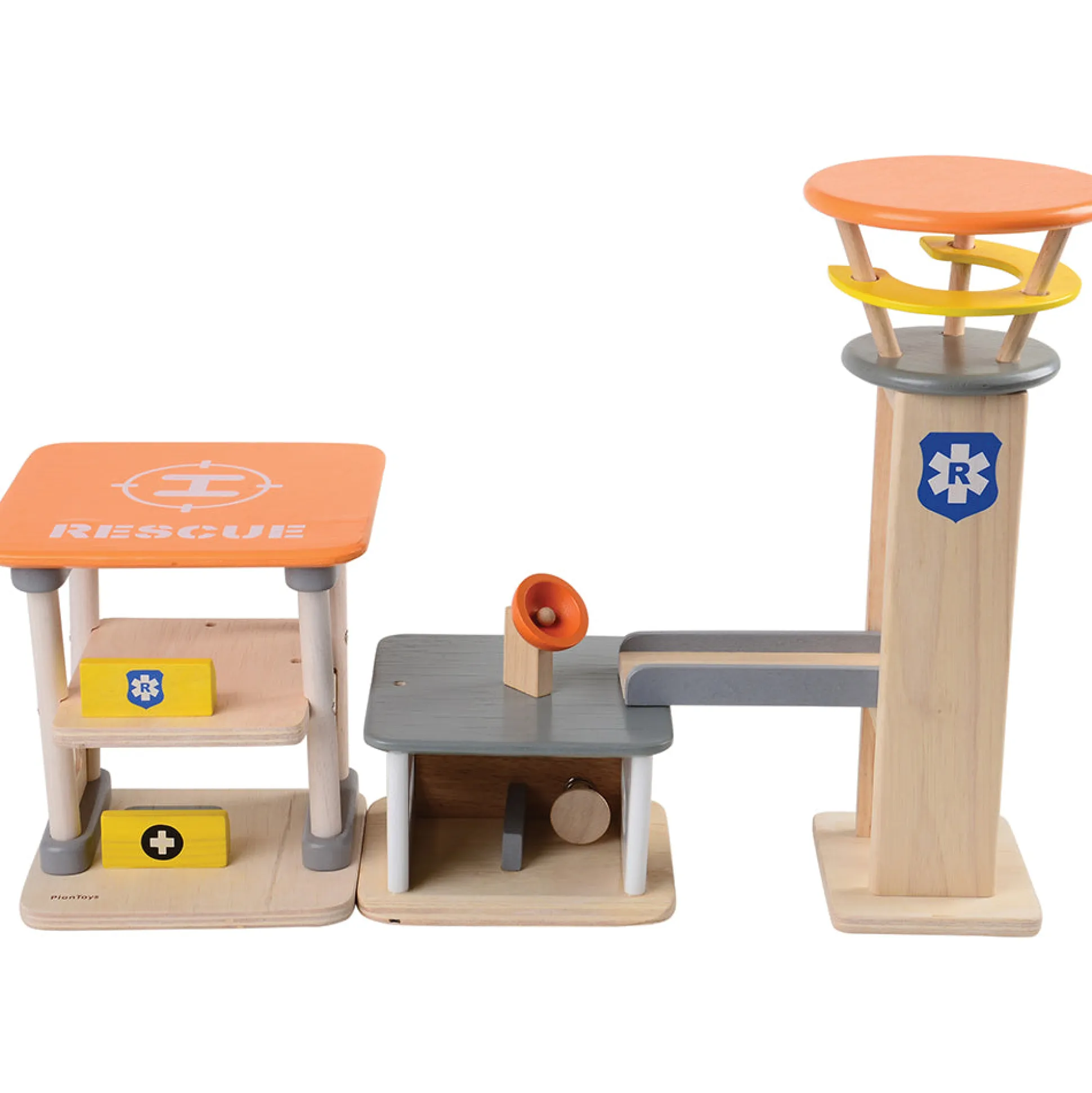 Wooden Rescue Center with Three Figures, Helicopter, Ambulance and Fire Truck