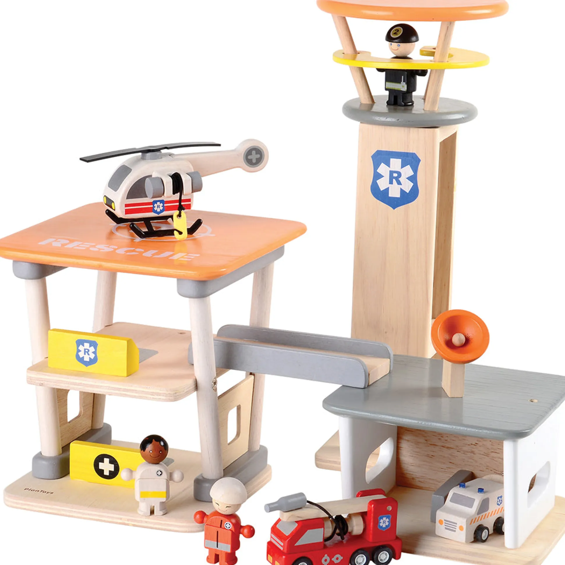 Wooden Rescue Center with Three Figures, Helicopter, Ambulance and Fire Truck