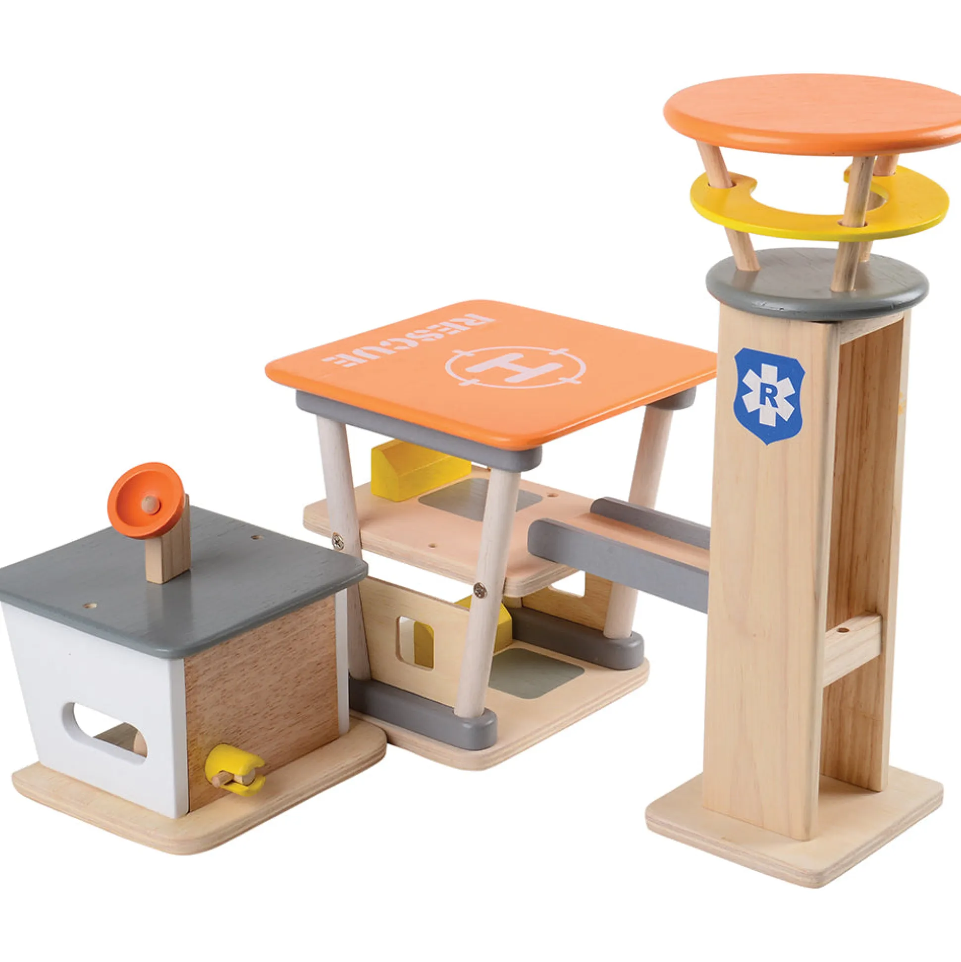 Wooden Rescue Center with Three Figures, Helicopter, Ambulance and Fire Truck