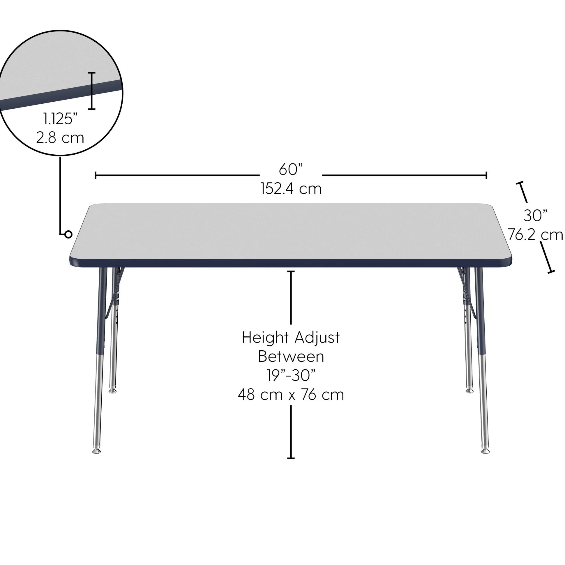 30" x 60" Gray Adjustable Activity Table | Spacious, Durable Classroom Table with Standard Chrome Legs