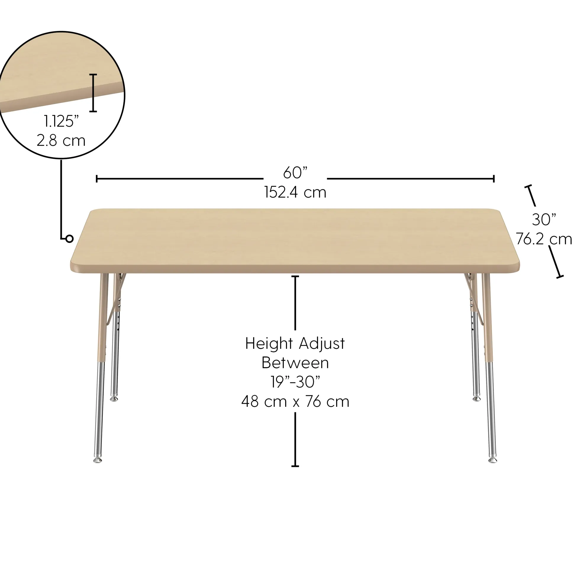 30" x 60" Maple Adjustable Activity Table | Durable Classroom Table with Standard Chrome Legs